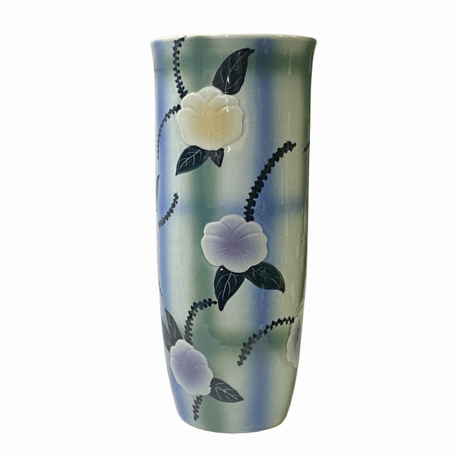 Artistic Flower Blue Green Checker Cross Porcelain Tall Slim Round Vase For Sale - Image 4 of 6