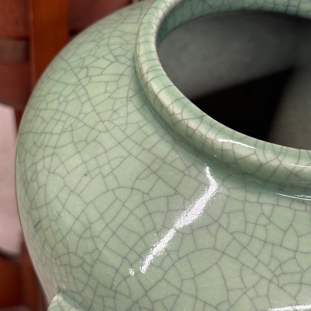 Green Tall Green Crackle Glazed Ceramic Vase with Elephant Handles For Sale - Image 8 of 10