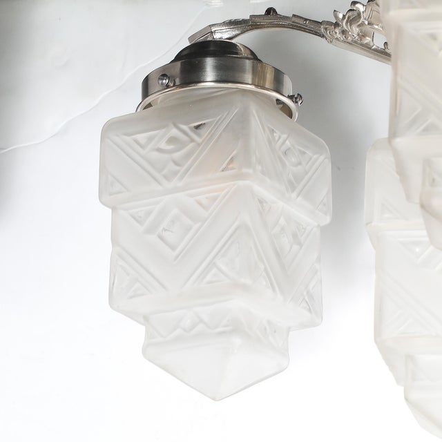 Art Deco Skyscraper-Style Nickeled Bronze & Frosted Glass 4-Arm Chandelier For Sale - Image 9 of 13