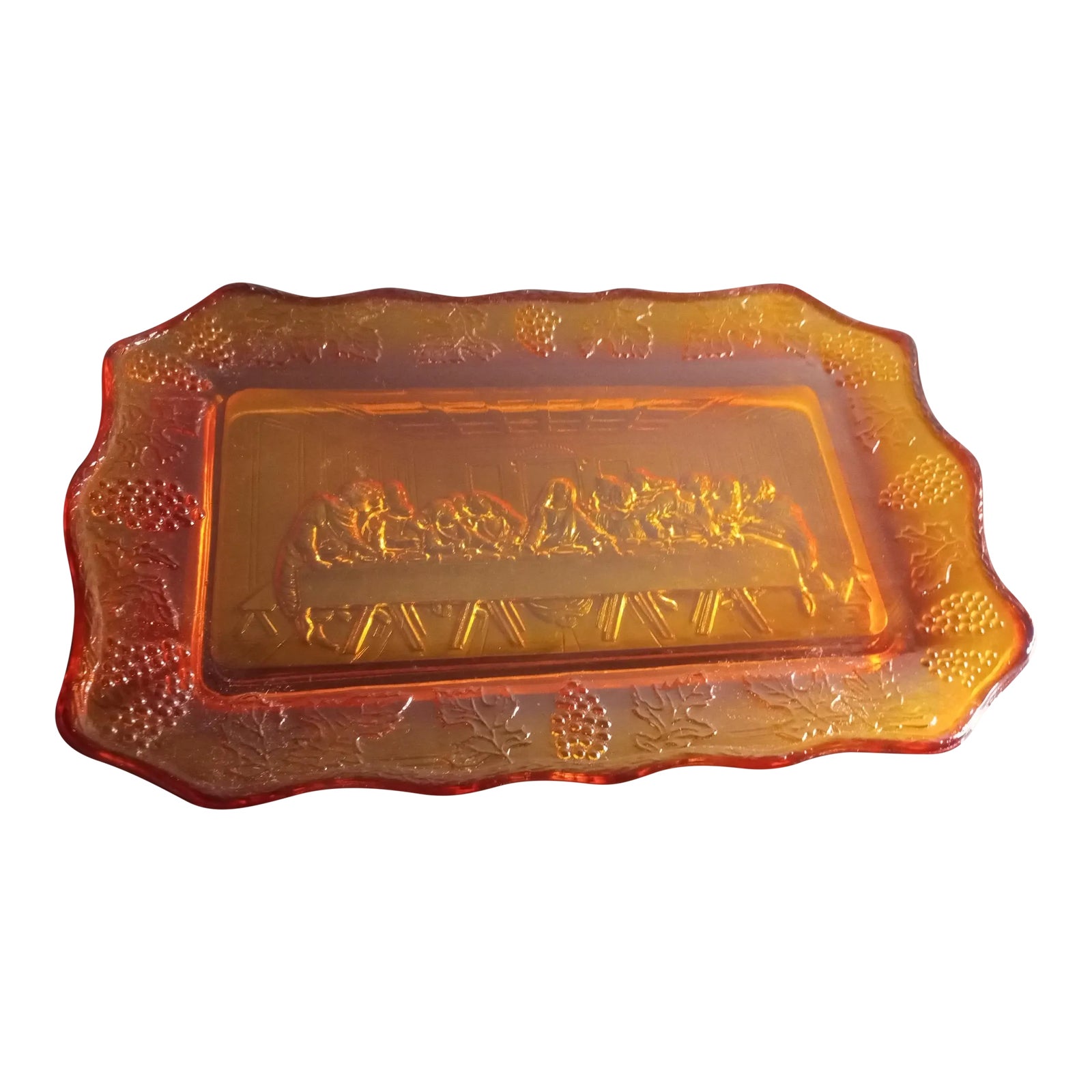 1950s Indiana Glass Tiara Amberina Last Supper Theme Platter | Chairish