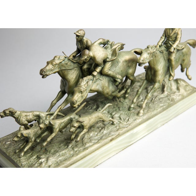 Victorian Continental Gilt Metal Equestrian Hunt Group, Circa 1900 — Riders, Horses & Hounds on Green Onyx Base For Sale - Image 3 of 14