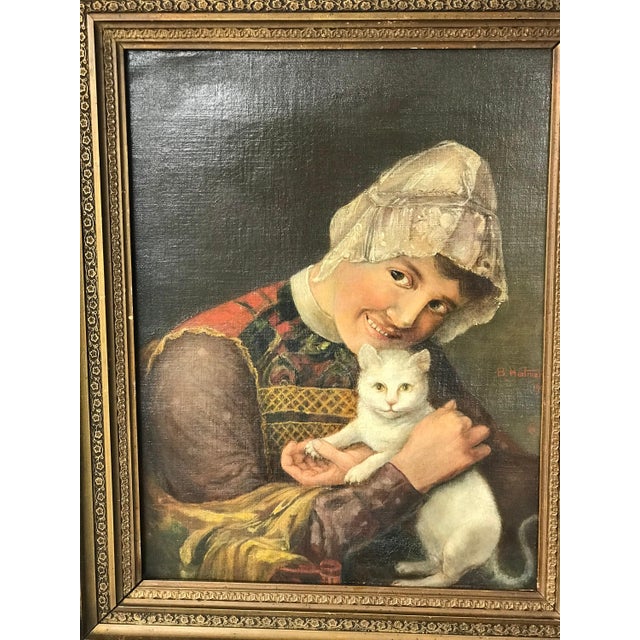 An elegant antique European portrait painting depicting a young woman seated with a beautiful white cat resting in her...