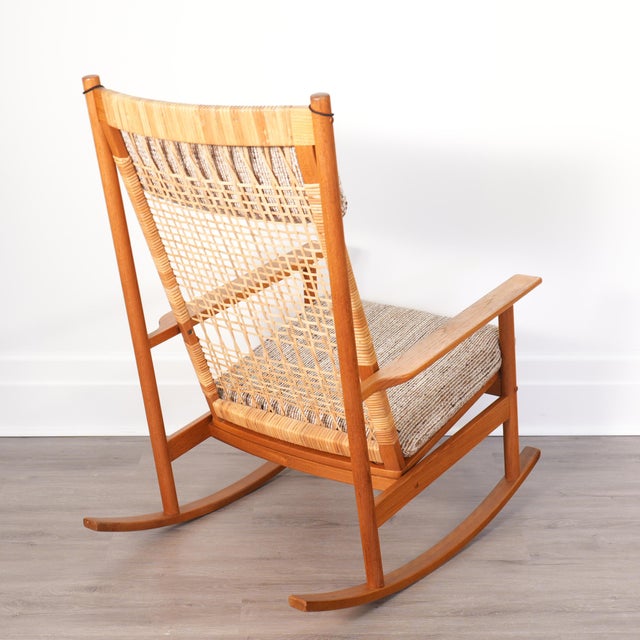 Hans Olsen 1960s Attributed to Hans Olsen for Juul Kristensen Model 532-a Teak and Cane Rocking Chair - Denmark For Sale - Image 4 of 9