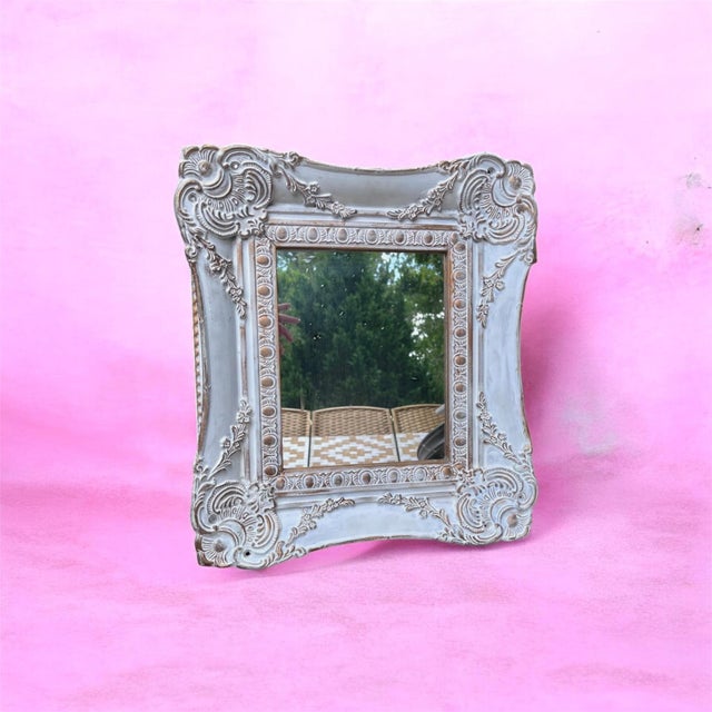 French Country Wall Mirror Features a Heavily Distressed White Frame With Gold Trim For Sale - Image 4 of 15