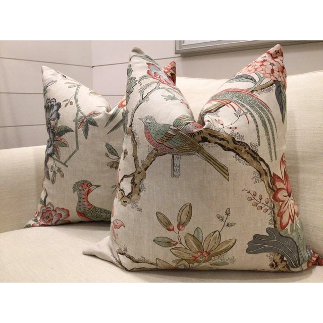 A stunning traditional in a contemporary color! Villeneuve in Coral on Flax is a lovely linen floral by Anna French for...