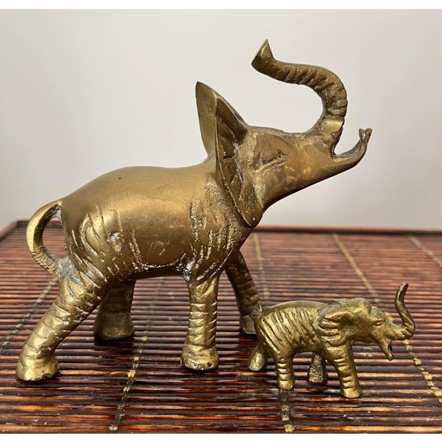 Mid 20th Century Mid Century Brass Elephants Pair Trunks Up Good Luck Baby & Parent Set of 2 For Sale - Image 5 of 9