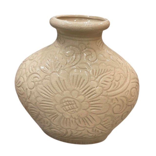 2000 - 2009 Vintage Cream Ceramic Floral Relief Vase For Sale - Image 5 of 12