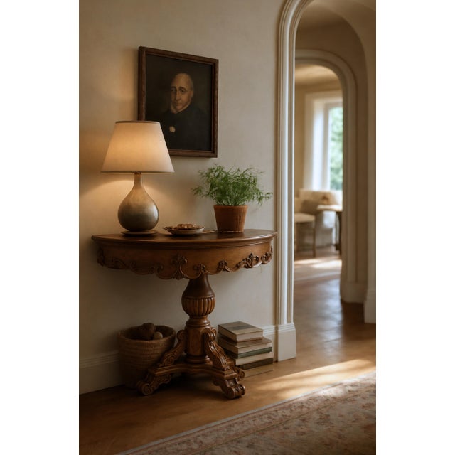 Baroque Oak Demi Lune Renaissance Revival Style Console Entry Table For Sale - Image 3 of 11
