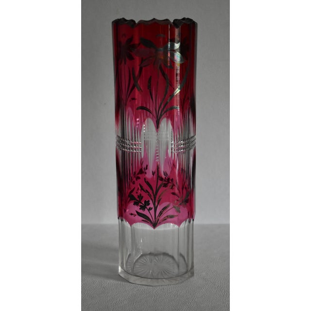 Vintage Clear Crystal Vase Bohemian Ruby Cut Cylinder Etched Silver Overlay For Sale - Image 10 of 15