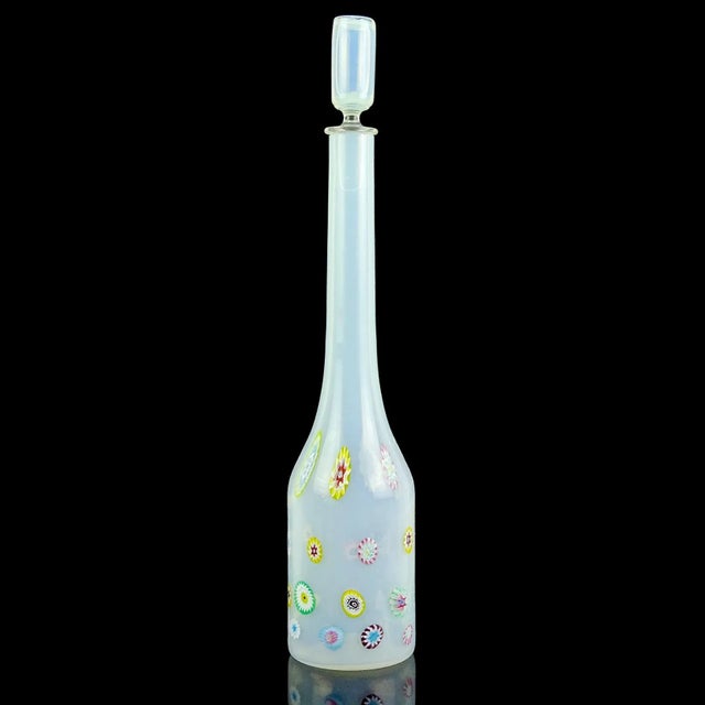 Beautiful vintage Murano hand blown opalescent white with rainbow color flower murrines Italian art glass decanter....