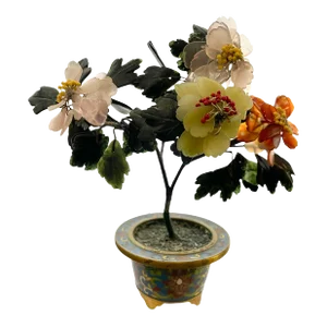 1920s Miniature Chinese Jade Tree With Aqua Blue Cloisonné Base