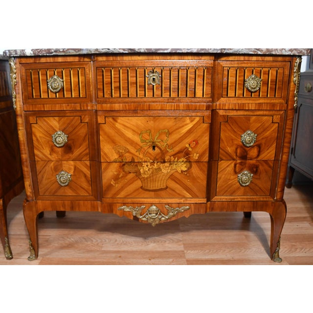 Brown 1880 French Louis XV Walnut Inlaid & Marble Top Pair Chest of Drawers / Commodes For Sale - Image 8 of 18