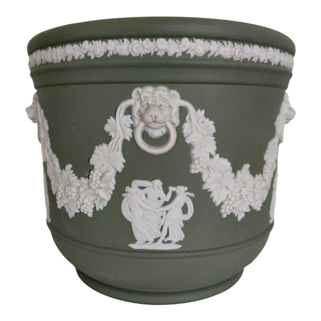 1960s Celadon Sage Green Wedgwood Jasperware Cache Pot Planter For Sale