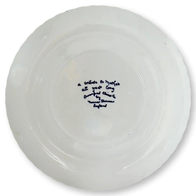 1974 English mother's plate. Crisp blue and white. Maker's mark on underside.