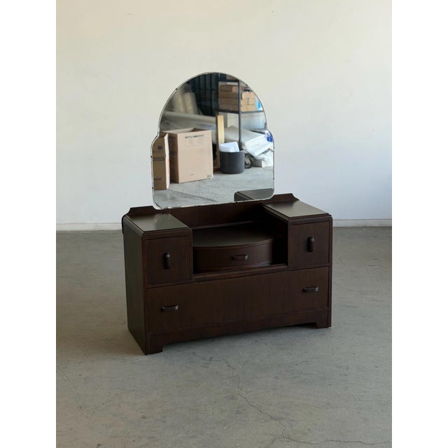 W44.5 D18 H59.5 MIRROR W3.5 H31 Side Height 28 D19 with handles Vintage vanity featuring a distinctive curved mirror,...