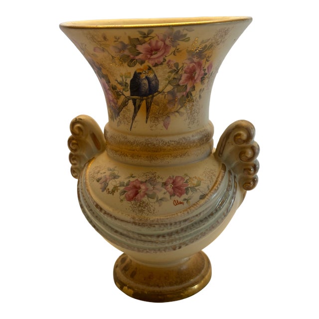 1940"s Abingdon Potteries Usa Art Deco Ceramic Hand Painted Glazed Finish Vase Floral and Birds Decor For Sale