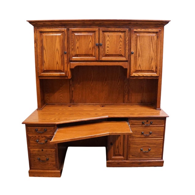 Brown Winners Only Solid Oak Rustic Early American Country Style 74" Computer Desk W. Cabinet Storage Top For Sale - Image 8 of 18