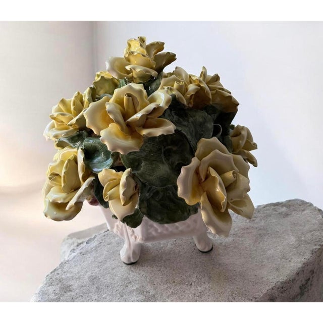 Vintage Italian Capodimonte-Style Porcelain Floral Arrangement Yellow Roses and Green Leaves Set Inside a White Textured Ceramic Basket. For Sale - Image 4 of 16