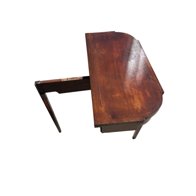 19th Century Federal Style Mahogany & Satinwood Inlaid Card Table – Antique Hepplewhite Flip-Top Game / Demilune Console Table For Sale - Image 12 of 14