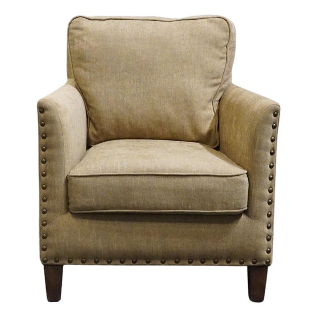 Uttermost Furniture Transitional Accent Club Arm Chair W. Textured Beige Woven Upholstery & Nailhead Trim For Sale