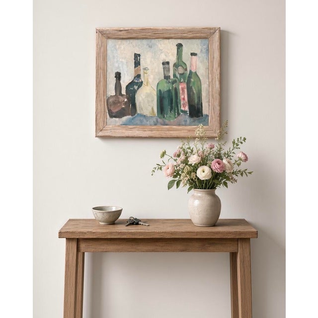 "Six Bottles" Wonderfully charming mid-century modernist still-life composition, painted in oil on an early Grumbacher...