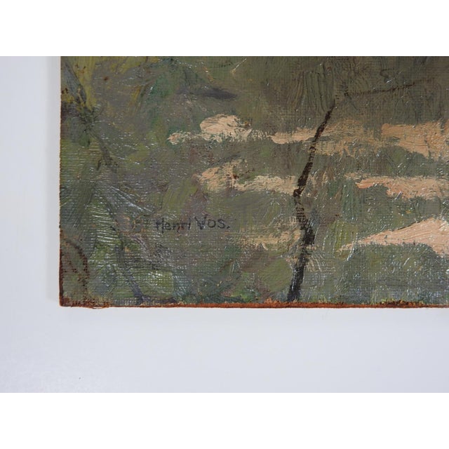 Early 20th century oil on canvas mounted on masonite painting of snowy winter forest at sunset. Signed Henri Vos lower...