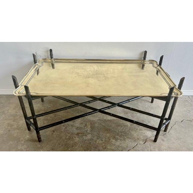 Chinoiserie Antique Brass Tray Table on Black Chinoiserie Base, 20th Century For Sale - Image 3 of 18