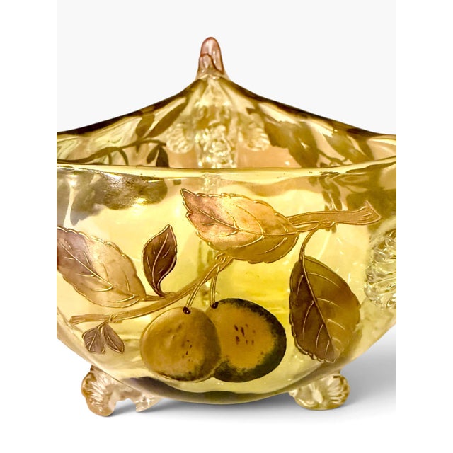 Late 19th Century Antique Zoomorphic Amber Glass Bowl With Three Fish and Enamel Decoration, Attributed to Auguste Jean, Moser Style C. 1880 For Sale - Image 5 of 14