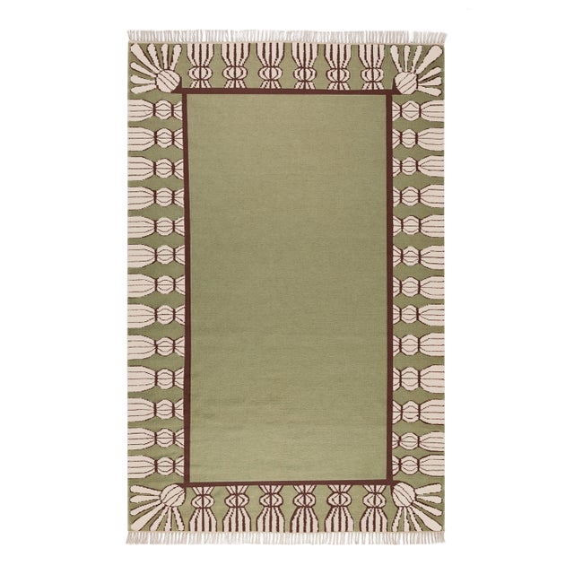 Part & Parcel Goods Wool Tassel Rug, 5' x 8', Sage, Chocolate and Eggshell For Sale