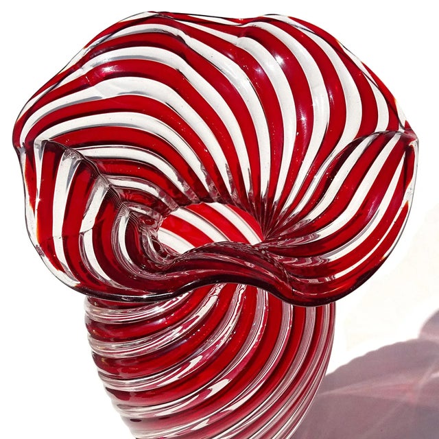 Mid-Century Modern Vintage Murano AVeM Swirling Ruby Red Clear Stripes Italian Art Glass Ruffle Rim Footed Flower Vase For Sale - Image 3 of 8
