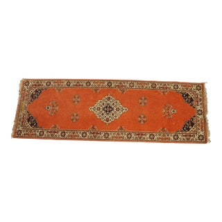 Vintage Hand Knotted Wool Geometric Medallion Orange Rug Runner Signed 3' X 8' For Sale