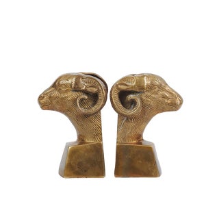 Mid-Century Regency Brass Ram Bust Bookends For Sale