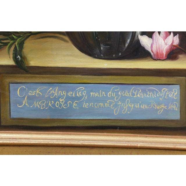 Late 20th Century Bouquet of Flowers in a Glass Vase Oil Painting After Ambrosius Bosschaert 23" For Sale - Image 6 of 12