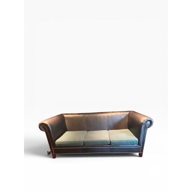 1990s Ralph Lauren Vintage Brompton Distressed Leather Sofa, English Cowhide & Custom Wool Cushions Cushions For Sale In Boston - Image 6 of 14
