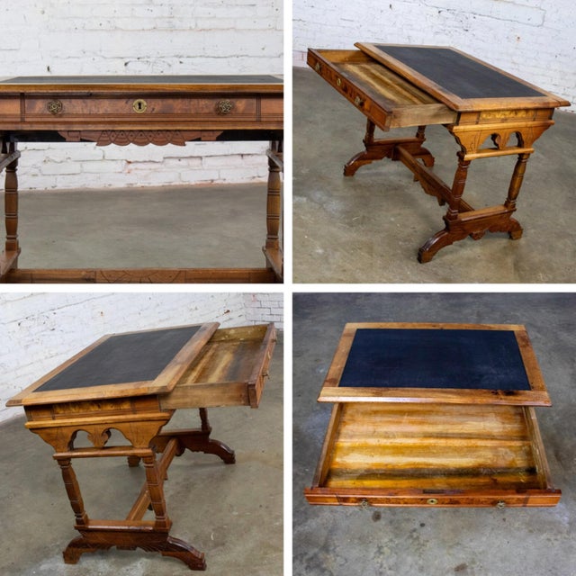 Late 19th Century Eastlake Victorian Style Ladies Writing Desk Walnut Burl and Faux Leather Top For Sale - Image 10 of 18