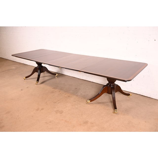 Baker Furniture Company Baker Furniture Style Georgian Banded Mahogany Double Pedestal Extension Dining Table, Newly Refinished For Sale - Image 4 of 15