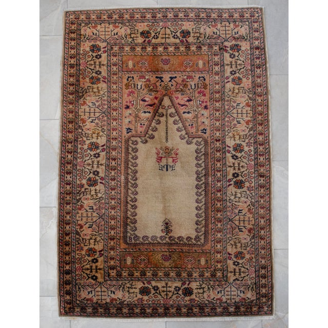 Textile Vintage Hand-Knotted Turkish Rug Prayer Rug Super Fine Wool Rug Wall Decor Religious Tapestry 3x5 Ft Approx For Sale - Image 7 of 18