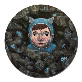 Ethan in the Purr by Nathan Durfee | Oil on panel Boy in a cat hoodie surrounded by playful cats. For Sale