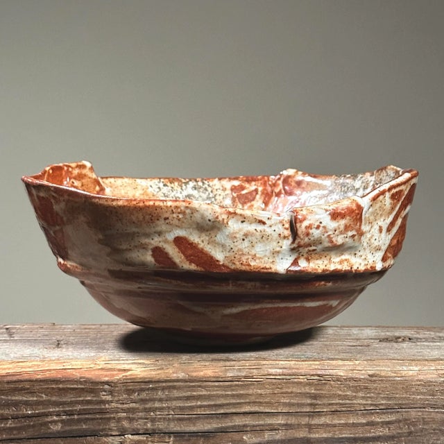Vintage Shino Glazed Hand Built Ceramic Serving Bowl. Organic modern red and shino glazed bowl. Pooled shino glaze in the...