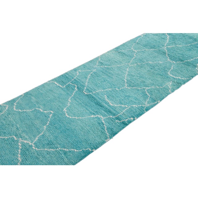 Modern Turquoise Moroccan Style Handmade Wool Runner For Sale In New York - Image 6 of 11