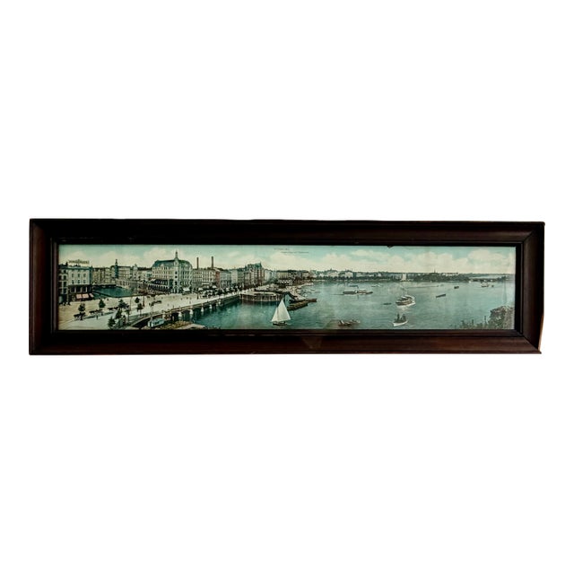 Vintage Panoramic Hamburg Harbor Print – Framed German Cityscape, 30.75” For Sale