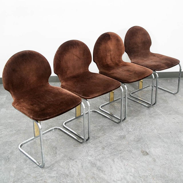 1970s Mid Century Modern Dining Chairs Set 6 Chrome Brass Suede Italy Attributed to Willy Rizzo 70s For Sale - Image 5 of 11