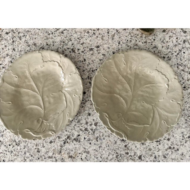 English Pair of Elegant Vintage Celadon Sage Leaf Pattern Dinner Plates, 9” Dia. For Sale - Image 3 of 7