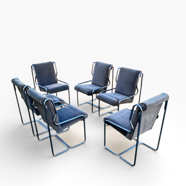 Set of Six 1980s Chrome Cantilever Dining Chairs in Gray Velvet For Sale - Image 9 of 13