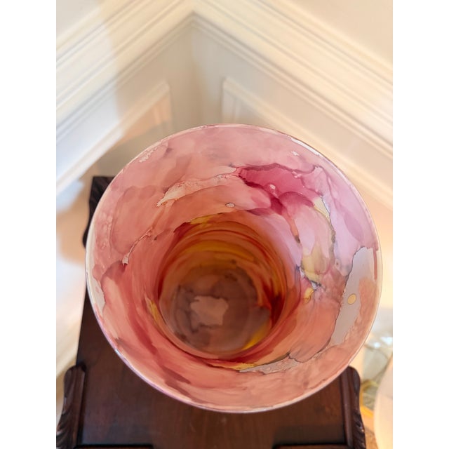 Contemporary Blush Pink & Cranberry Abstract Art Glass Vase For Sale - Image 9 of 9