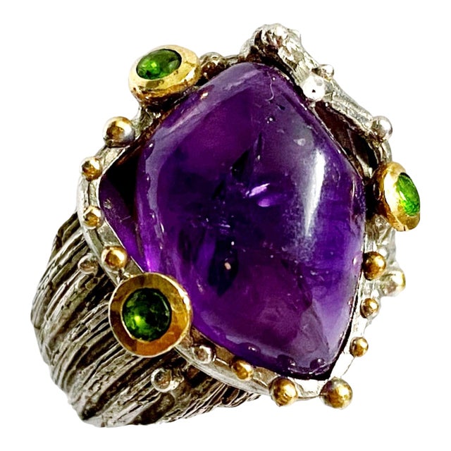 Art Deco–Inspired Amethyst & Peridot Cocktail Ring in Sterling Silver With Vermeil Accents, Size 7 For Sale