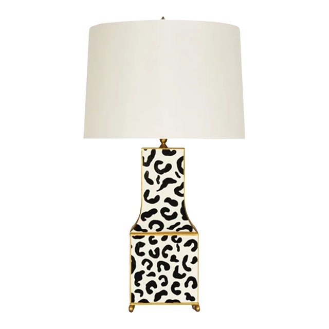 Matthew Izzo Home - Renata Handpainted Black Leopard Tole Table Lamp With Cream Silk Shade and Gold Trim For Sale