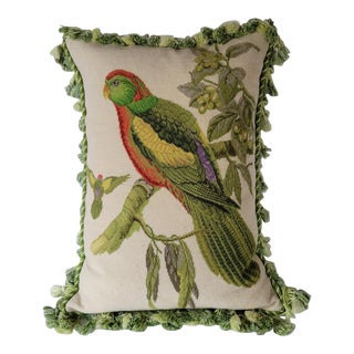 Vintage Needlepoint Green Parrot Down Feather Filled Pillow For Sale