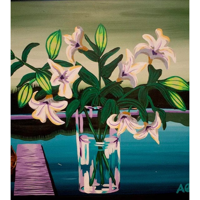2000 - 2009 John Ferrie Mid-Century Painting Titled Aqua - Lilies in Vase For Sale - Image 5 of 13