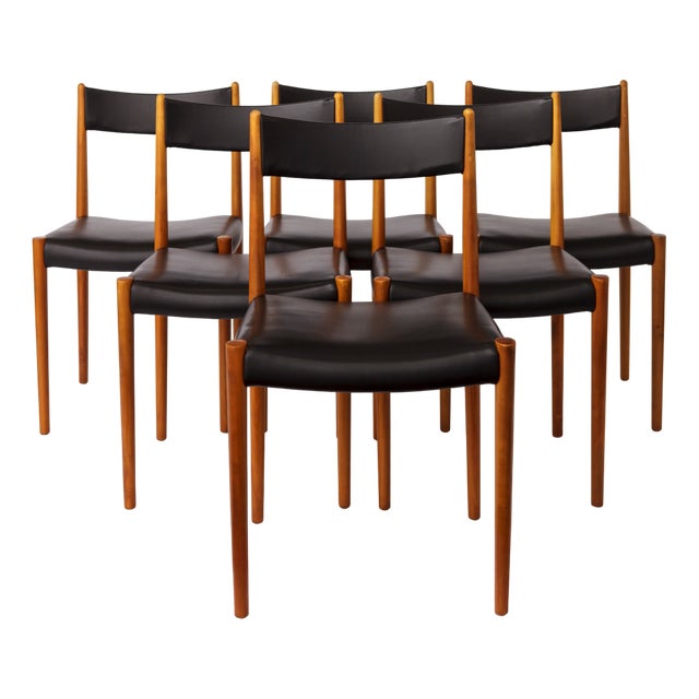 Vintage German Dining Chairs in Beech and Black Faux Leather attributed to Lübke, 1970s, Set of 6 For Sale